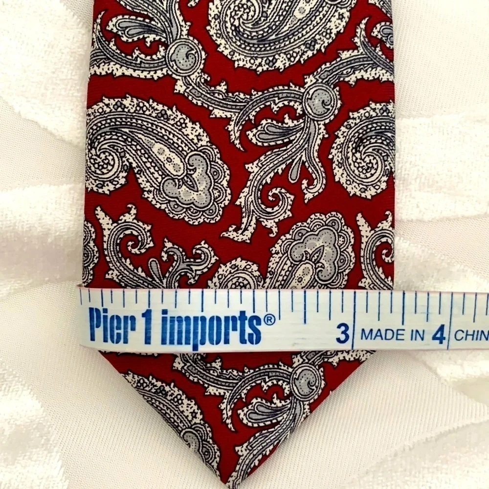 Stafford Men’s Tie. Large Paisley Design. Base is Burgundy w/Gray Accents.